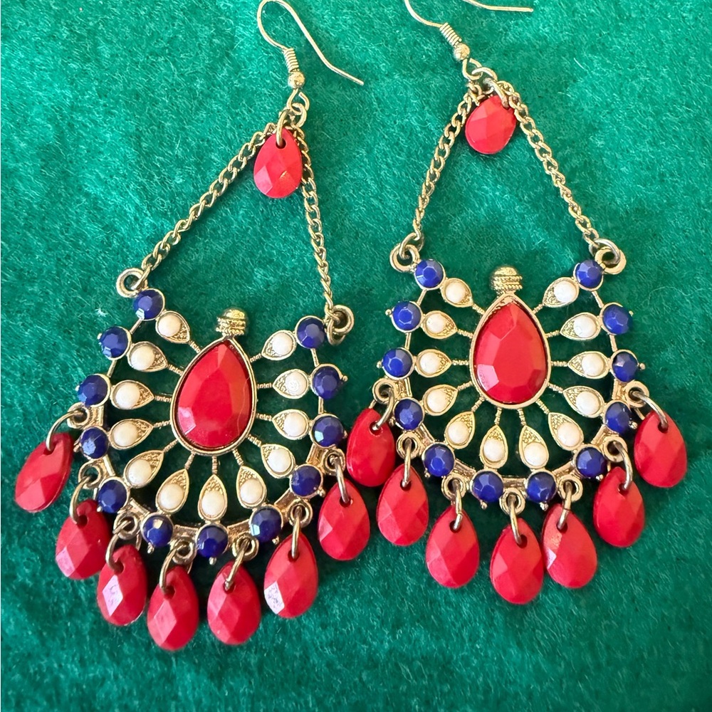 Elegant Red and Blue Chandelier Earrings